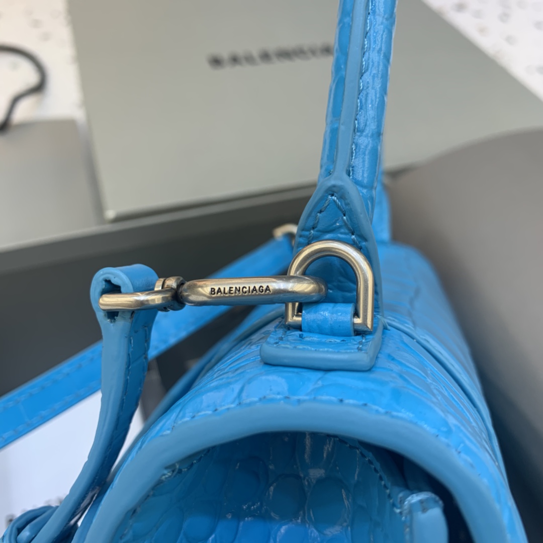 Balenciaga Hourglass Small Handbag Crocodile Embossed Shoulder Bag Light Blue